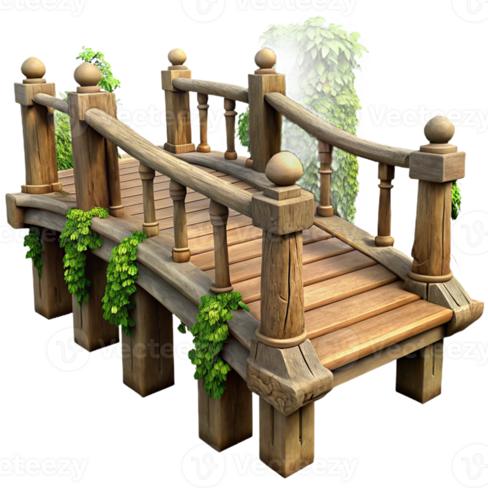 beautiful vintage Wooden Bridge 3D Render, Lush Vines premium png