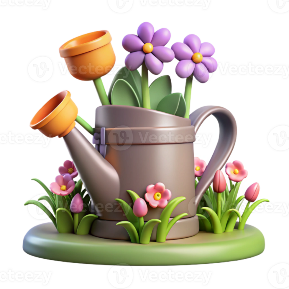 serene traditional 3D Render of Cute Watering Can with Flowers 4K png