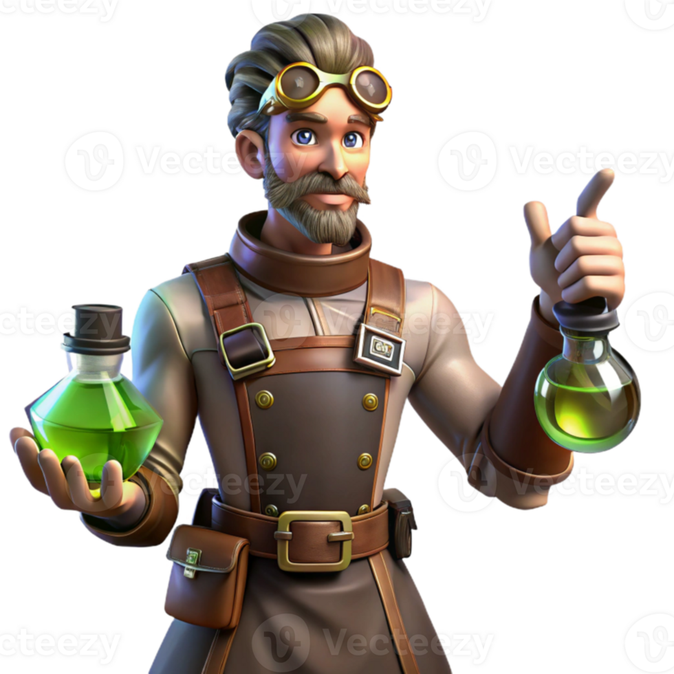 serene artistic 3D Cartoon Scientist with Potions high resolution png