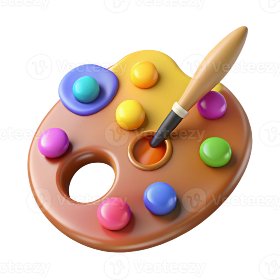 dramatic rustic 3D Render Colorful Paint Palette and Brush original png