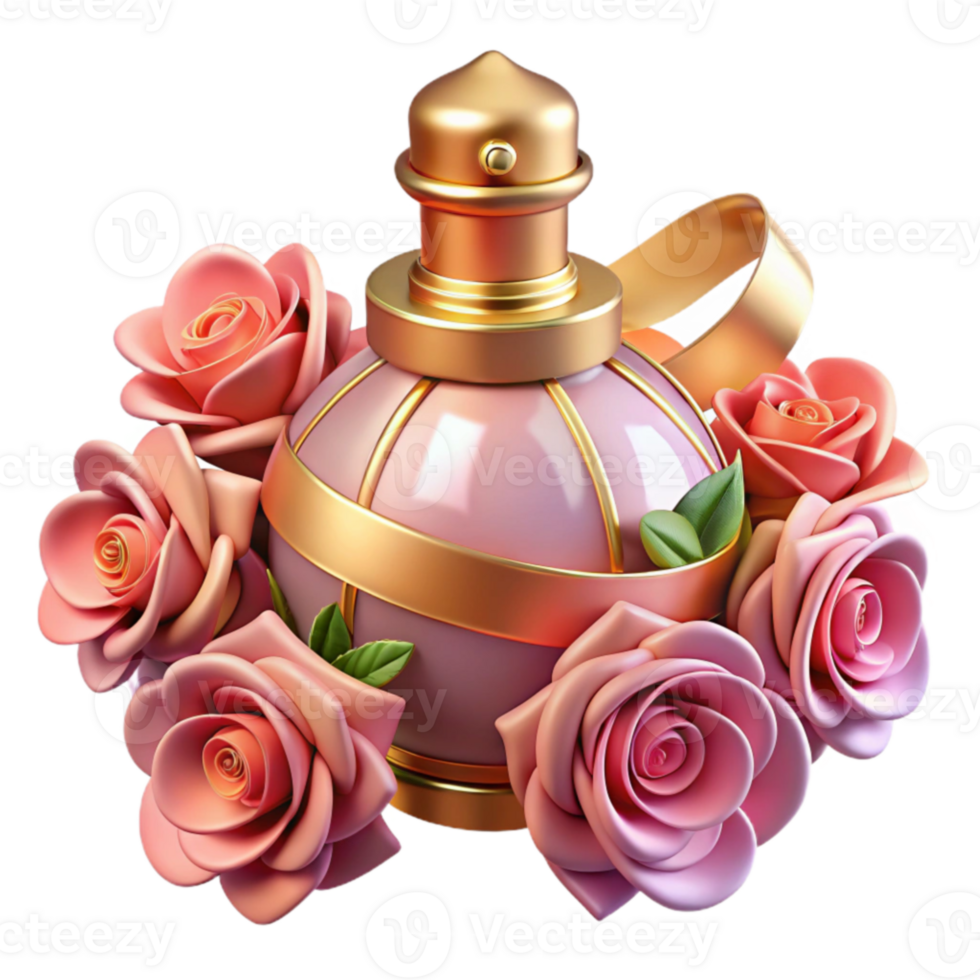 impressive abstract Pink Perfume Bottle 3D Render with Roses genuine png
