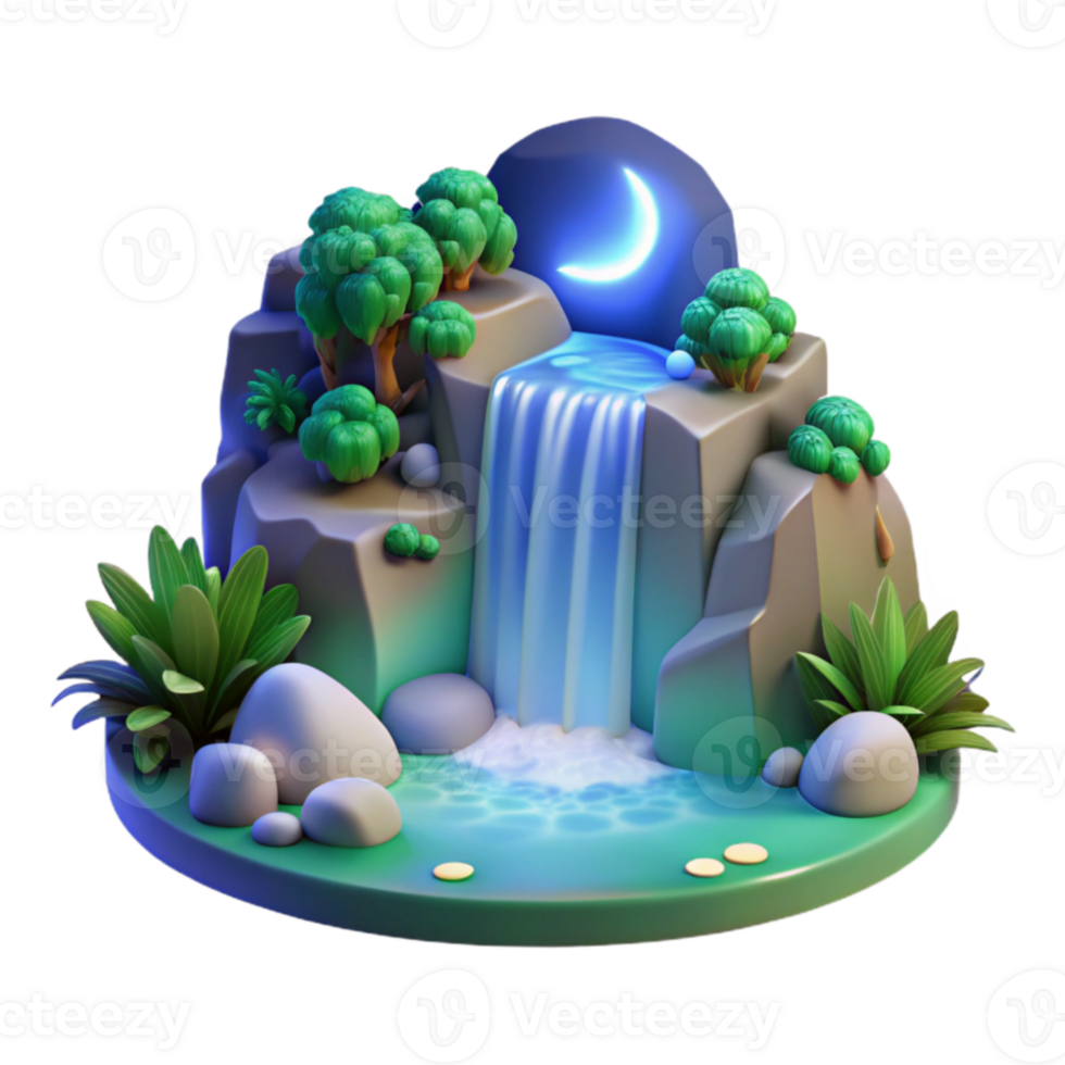 vibrant rustic Night Waterfall 3D Render genuine png