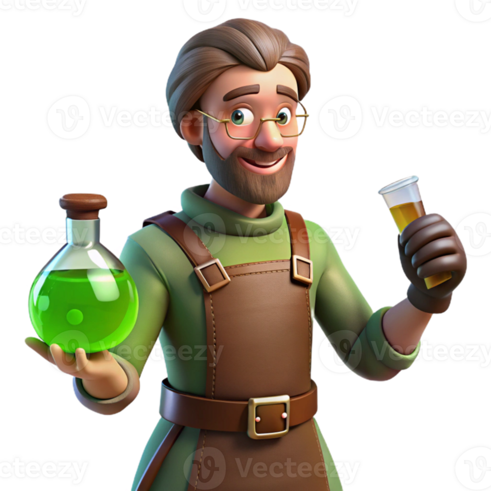dramatic minimalist 3D Cartoon Scientist with Potion high quality png