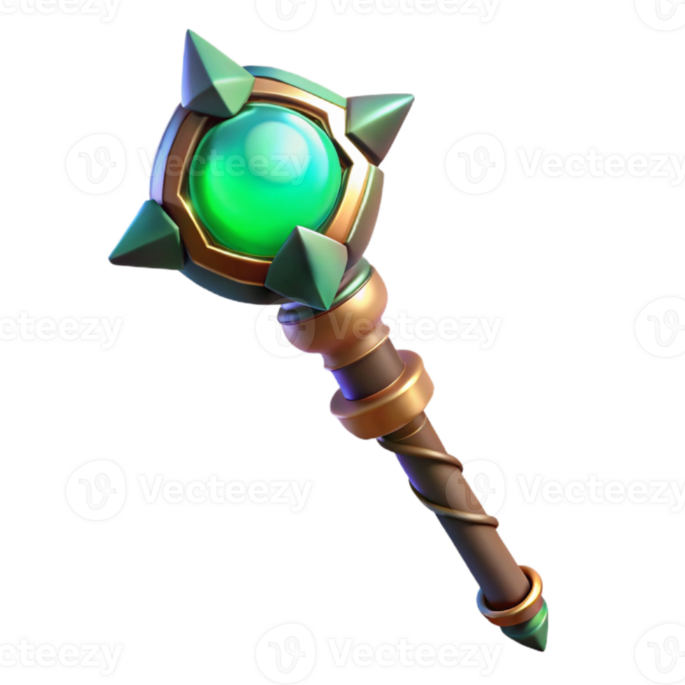 elegant rustic 3D Render of Fantasy Staff with Emerald Gem high resolution png