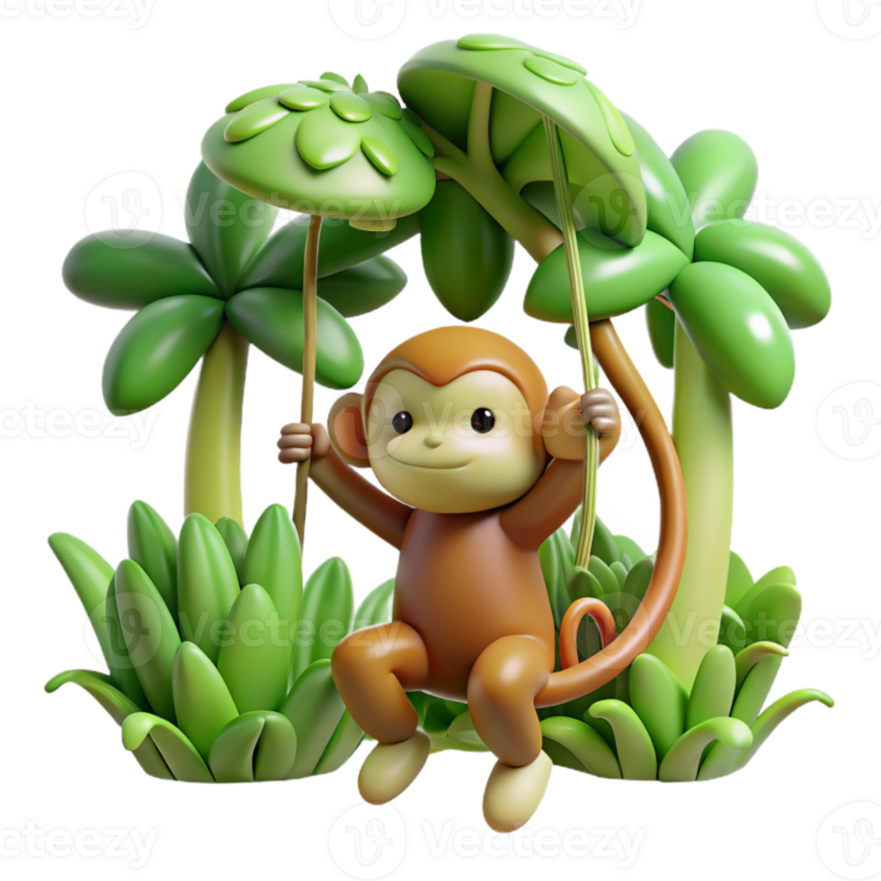 elegant minimalist Playful Monkey 3D Render Jungle Swing premium png