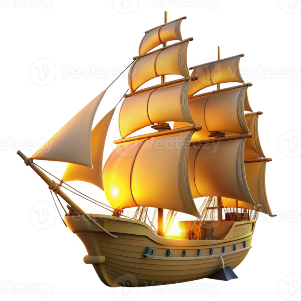 magnificent artistic Golden Age Sailboat 3D Render premium png