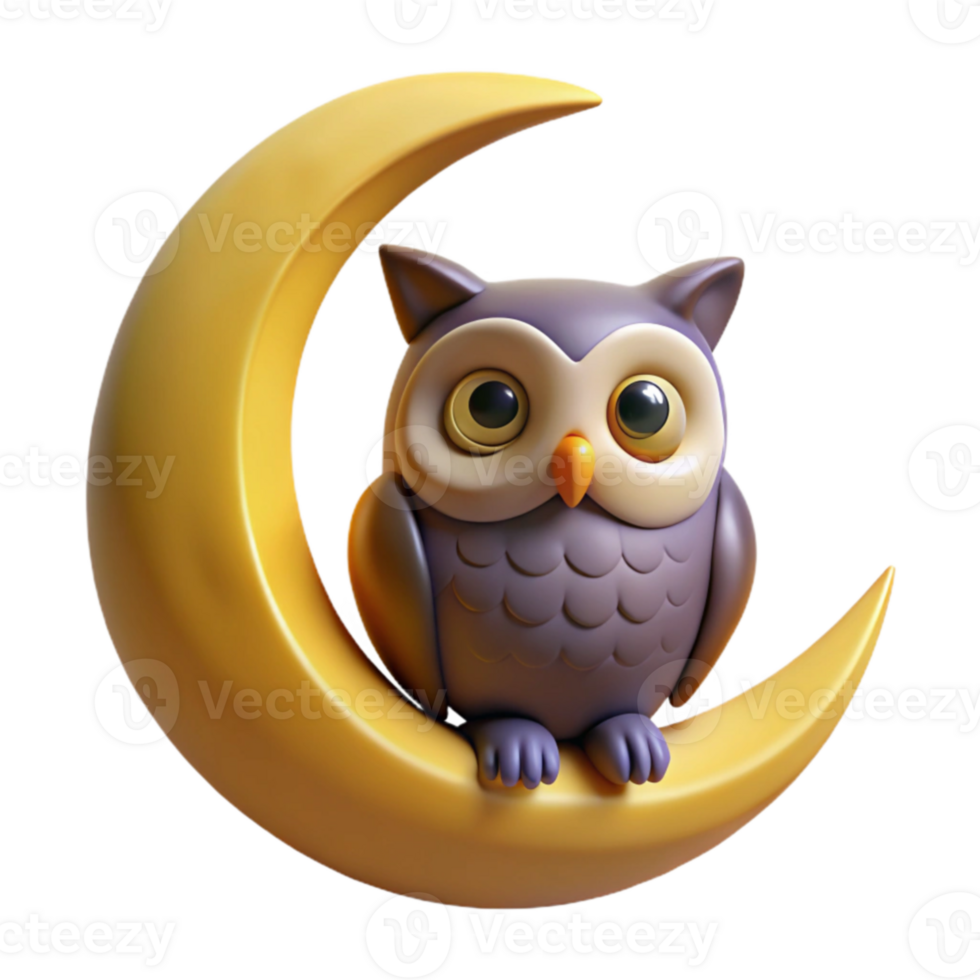 dramatic artistic Cute Owl on Crescent Moon 3D Render high quality png