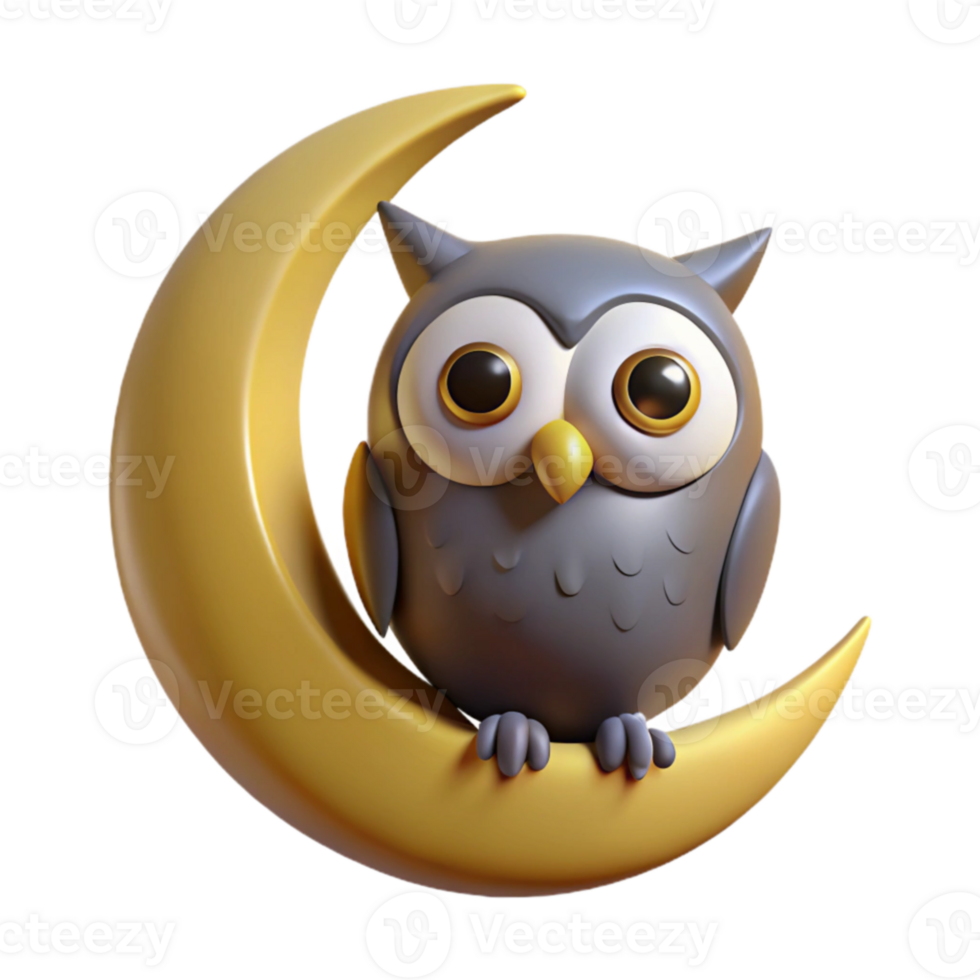 dramatic minimalist Cute 3D Owl on Crescent Moon Illustration professional png