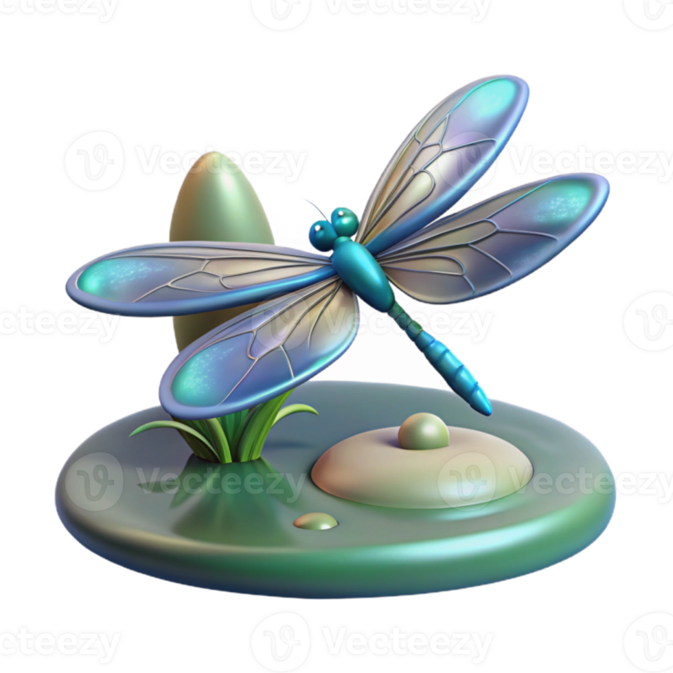 vibrant minimalist 3D Dragonfly Illustration on Lily Pad premium png