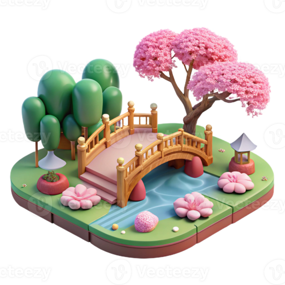 serene rustic 3D Render Peaceful Garden Bridge high resolution png