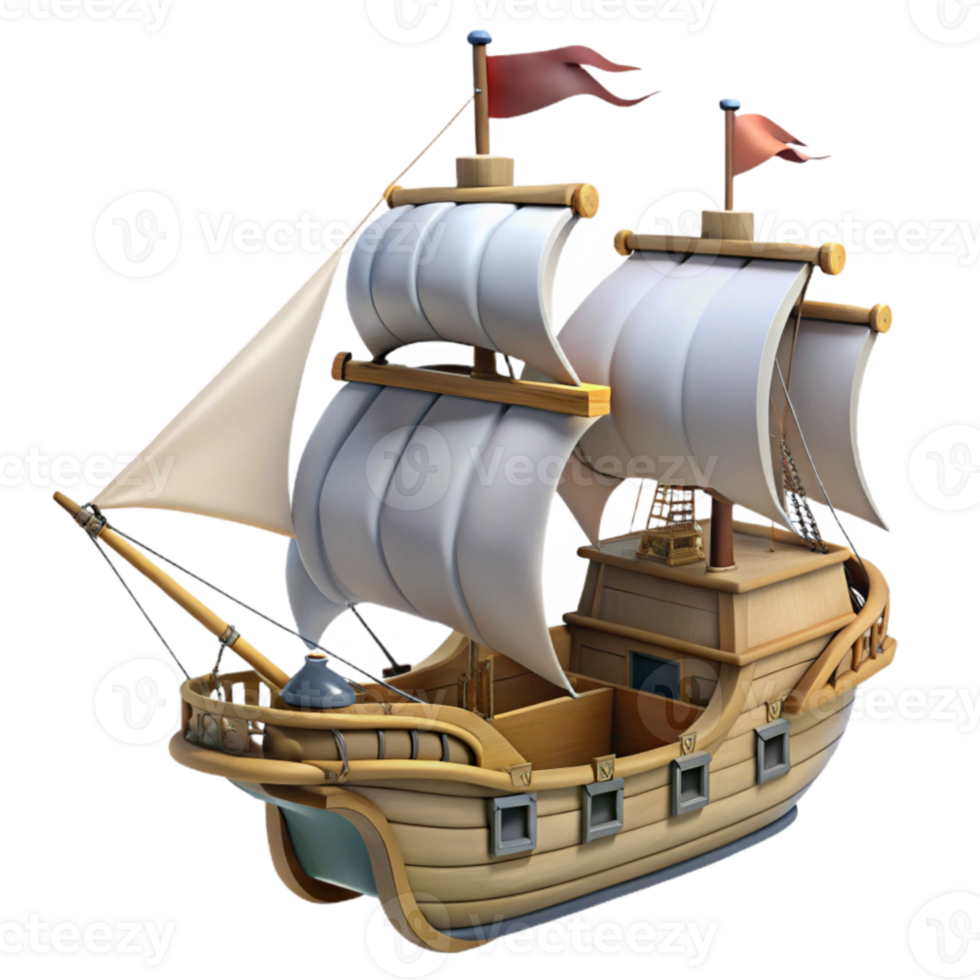magnificent modern Cartoon Wooden Sailing Ship 3D Render 4K png