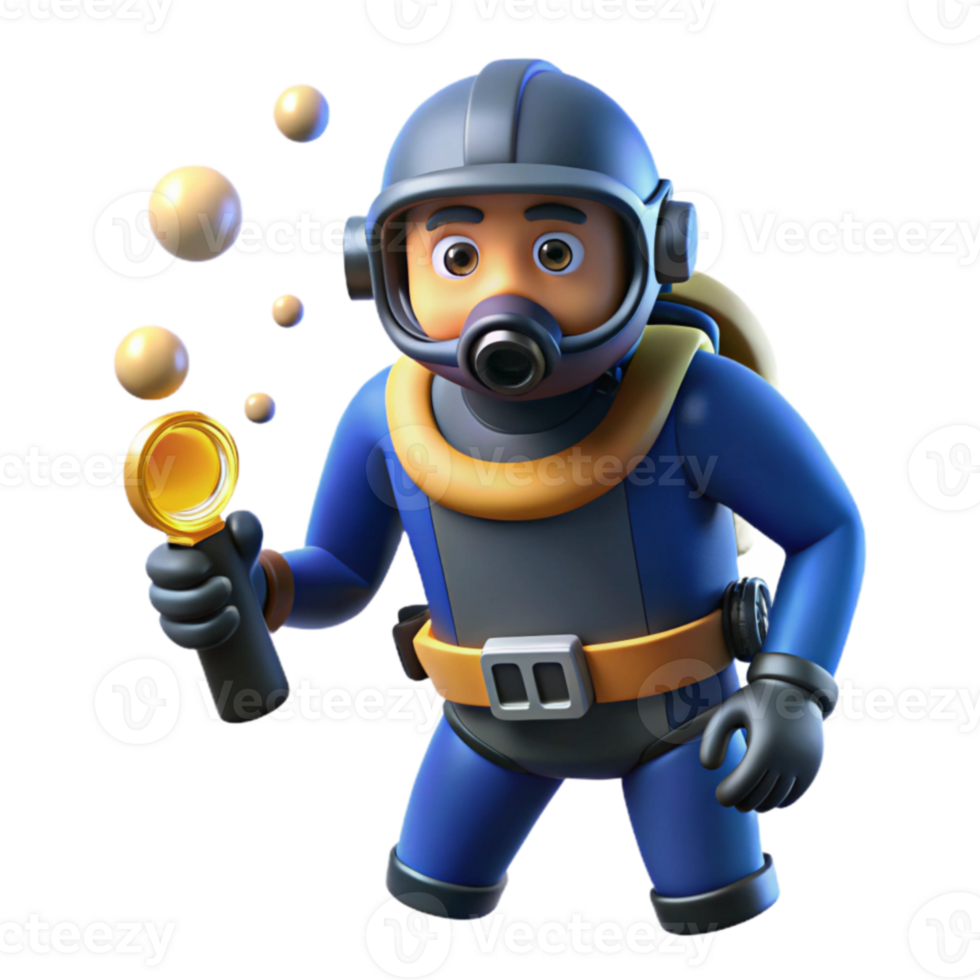 vibrant creative 3D Cartoon Diver with Bubbles Illustration high resolution png