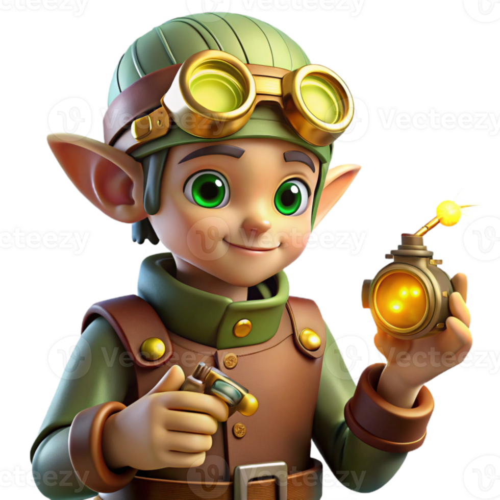 sereno rústico 3d render do uma fofa duende inventor detalhado png