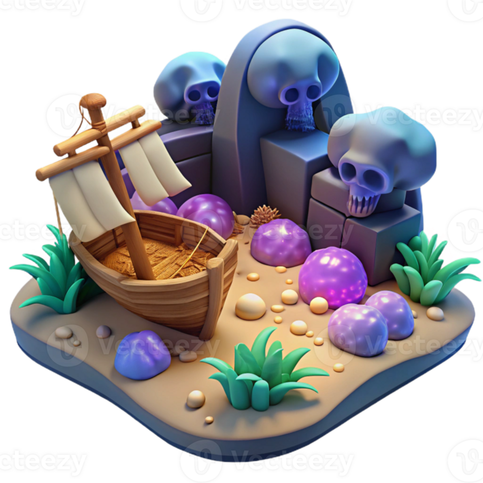 beautiful modern 3D Render of Stylized Skull Island with Boat authentic png