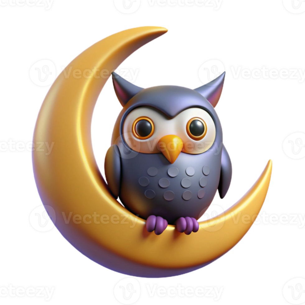impressive abstract Cute Owl on Crescent Moon 3D Render authentic png