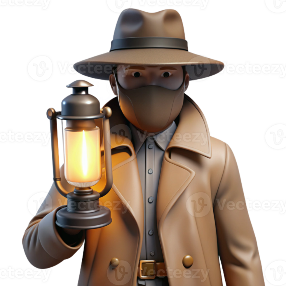 magnificent artistic 3D Render Detective with Lantern Illustration detailed png