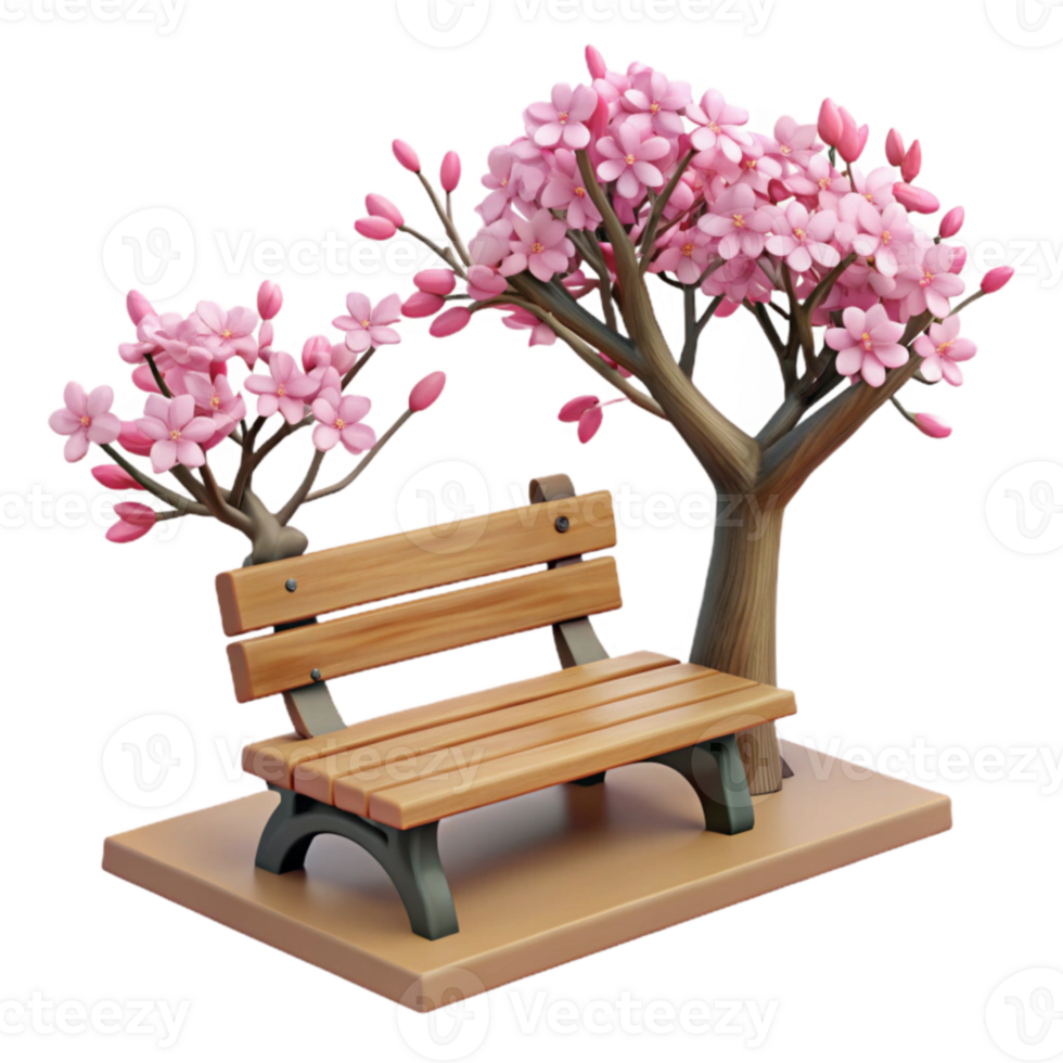 beautiful artistic 3D Render Park Bench with Cherry Blossoms original png