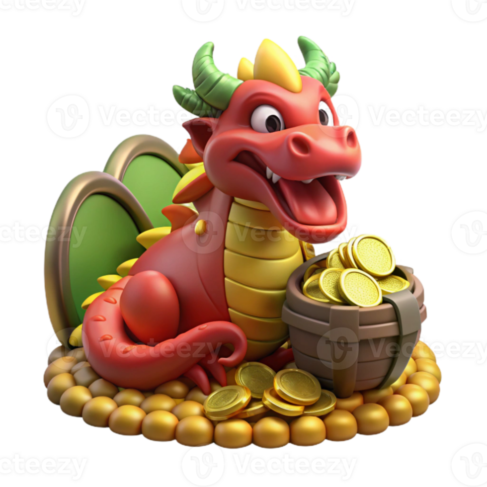 serene rustic Cartoon Dragon 3D Render with Gold Coins genuine png