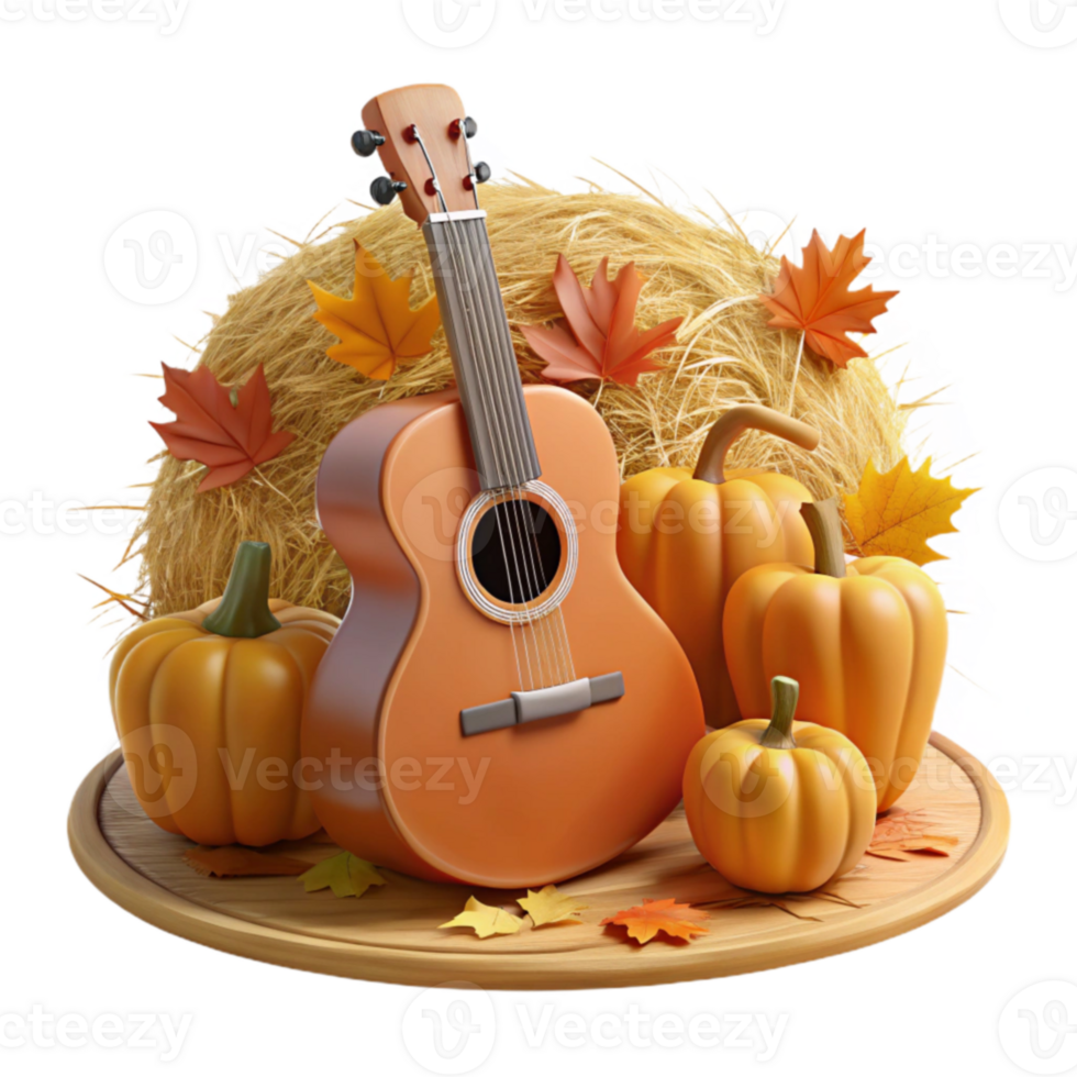 extraordinary contemporary Autumn Acoustic Guitar 3D Render high resolution png