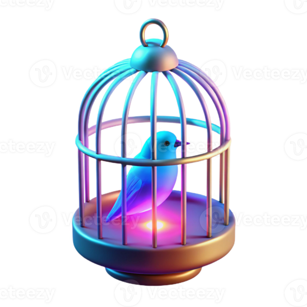 serene traditional 3D Render of a Bird in a Cage, Neon Lights high quality png