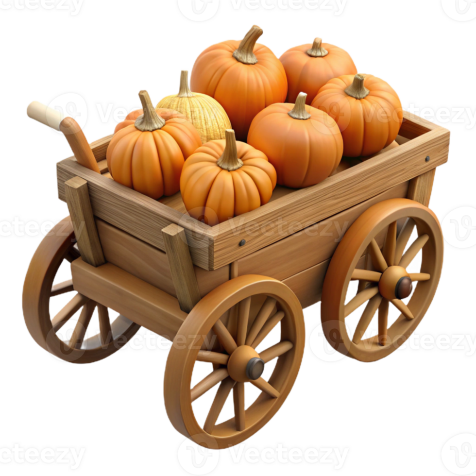 vibrant contemporary Autumn Harvest Wooden Cart 3D Render premium png