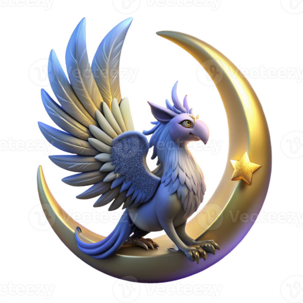 beautiful modern 3D Render of a Griffin on a Crescent Moon exclusive png