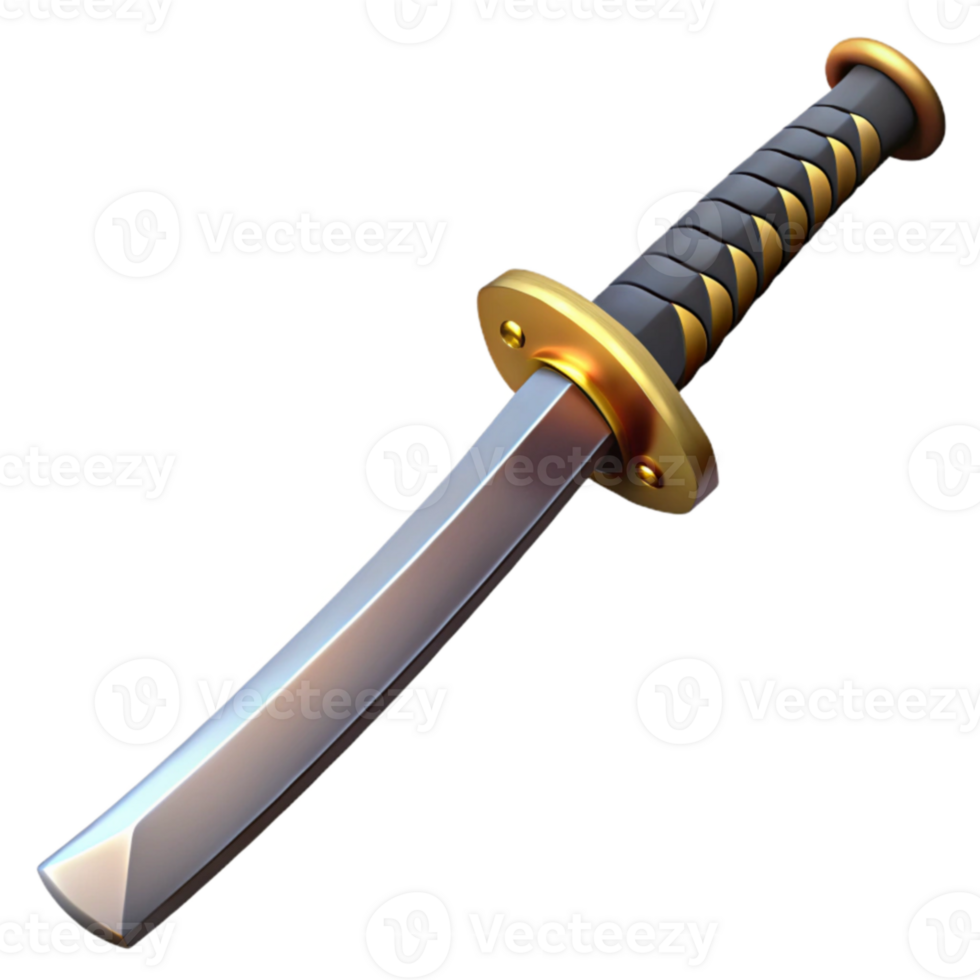 extraordinary contemporary 3D Render of a Gold and Steel Wakizashi detailed png