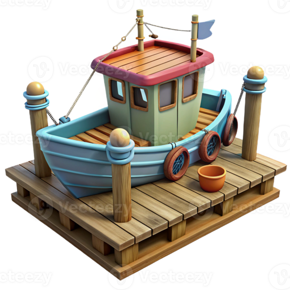 magnificent rustic Cartoon Fishing Boat on Wooden Dock 3D Render 4K png