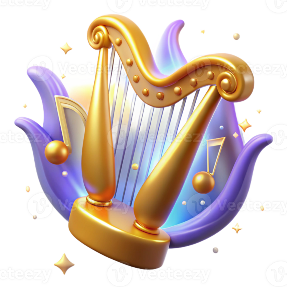 elegant rustic Golden Harp 3D Illustration professional png