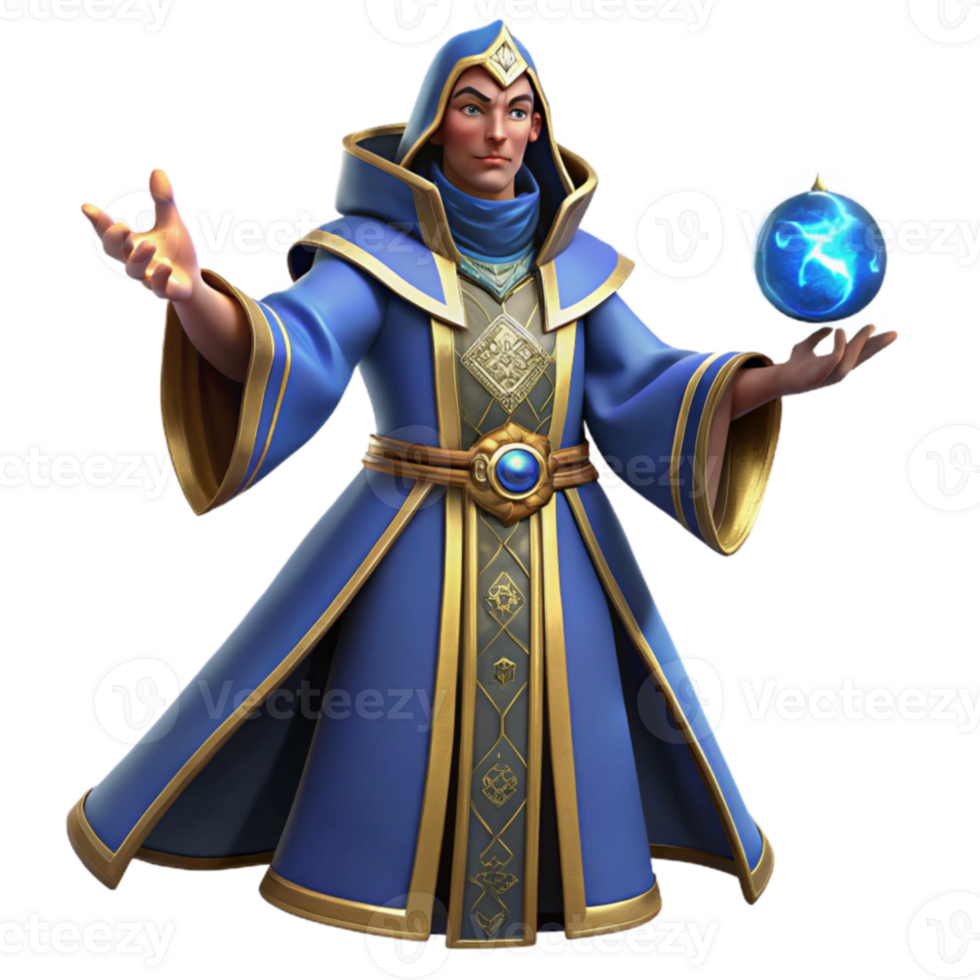wonderful contemporary 3D Render Fantasy Wizard Blue Robe Gold Trim 4K png