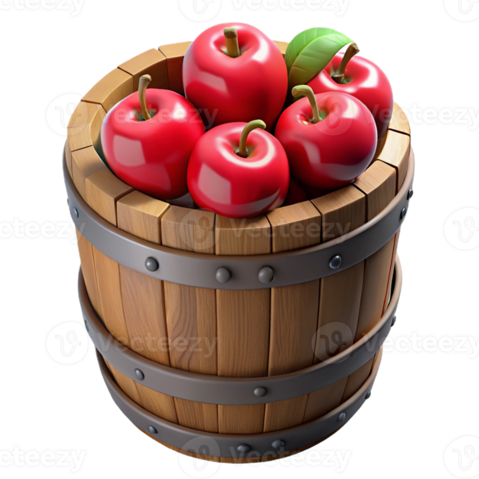 vibrant contemporary Red Apples in Wooden Barrel 3D Render original png