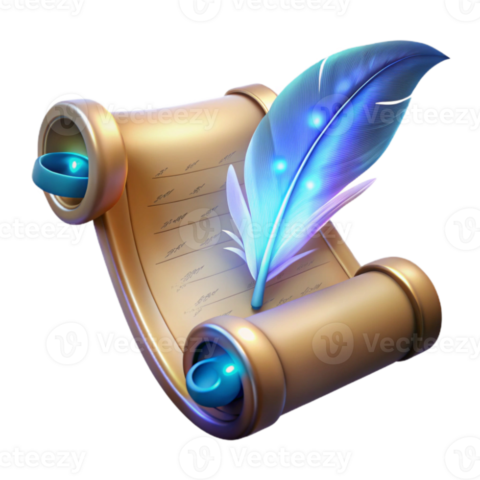 extraordinary vintage Glowing Quill and Scroll 3D Illustration high quality png