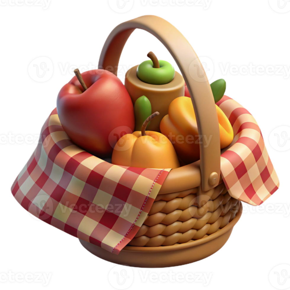 extraordinary rustic 3D Render Picnic Basket with Apples and Apricots 4K png