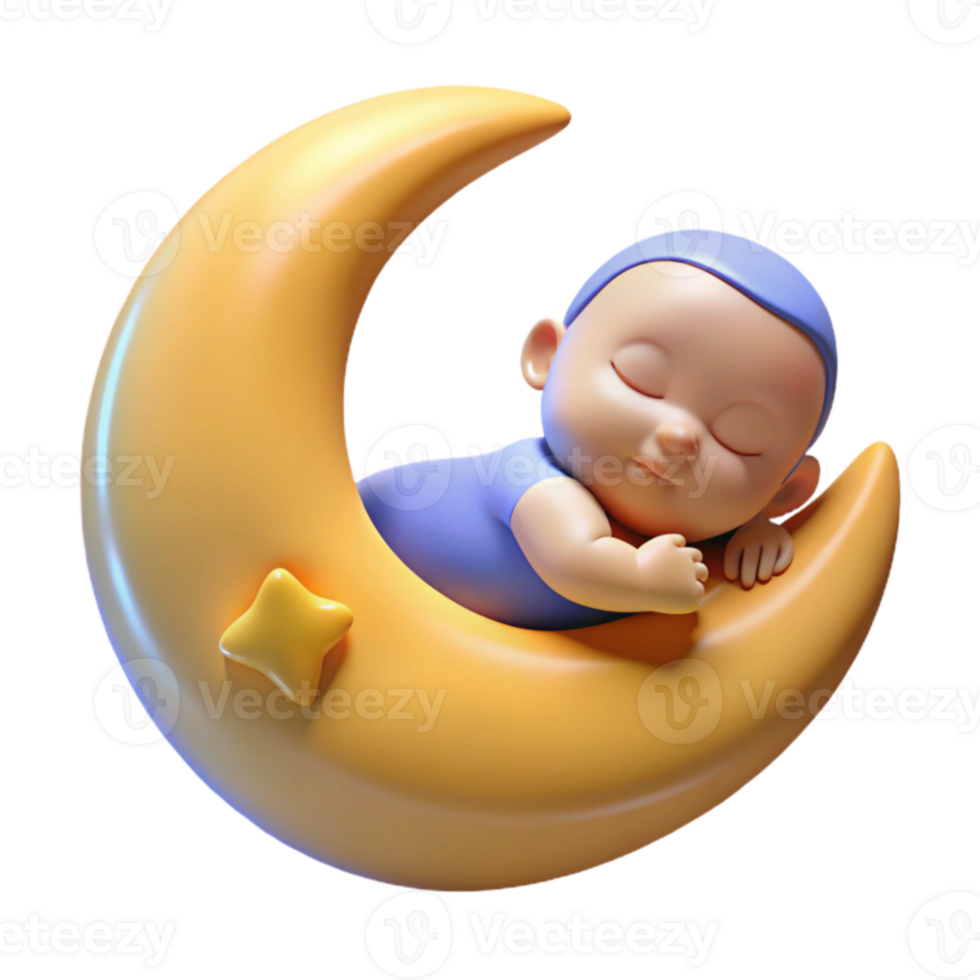 magnificent artistic 3D Render Sleeping Baby on Crescent Moon high quality png