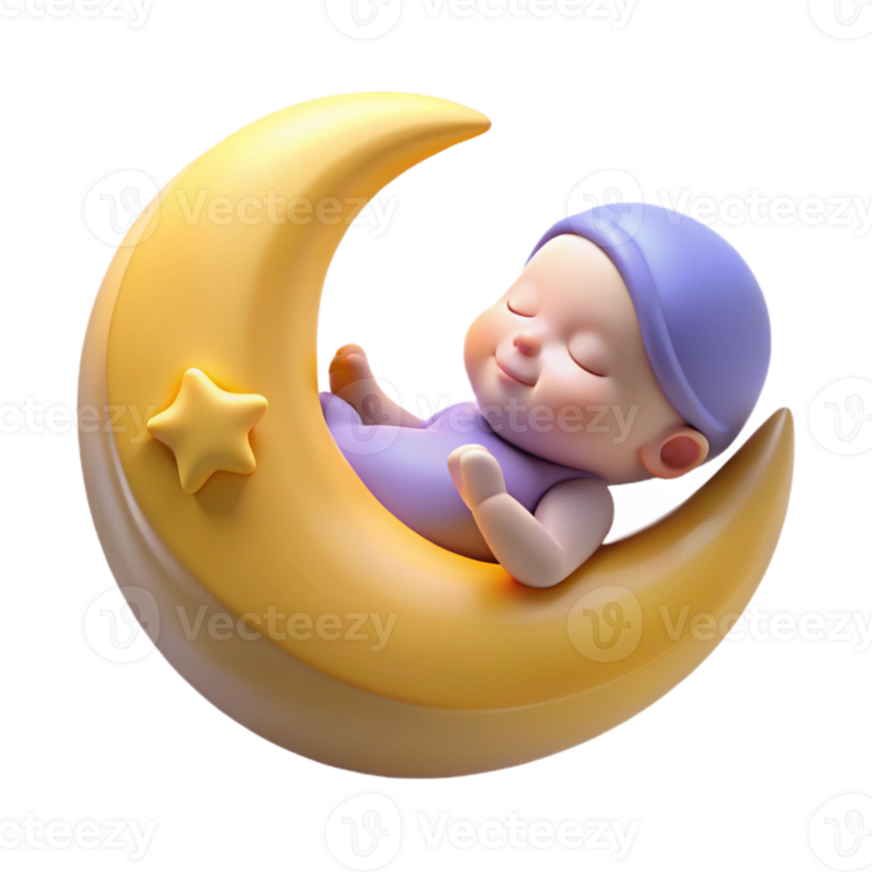 stunning minimalist 3D Render Sleeping Baby on Crescent Moon high resolution png