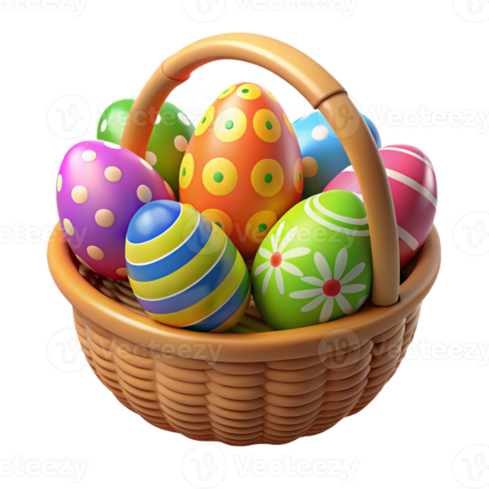dramatic modern Colorful Easter Eggs in Basket 3D Render authentic png