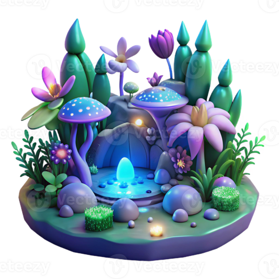 vibrant traditional Enchanted 3D Forest Scene with Glowing Mushrooms 4K png
