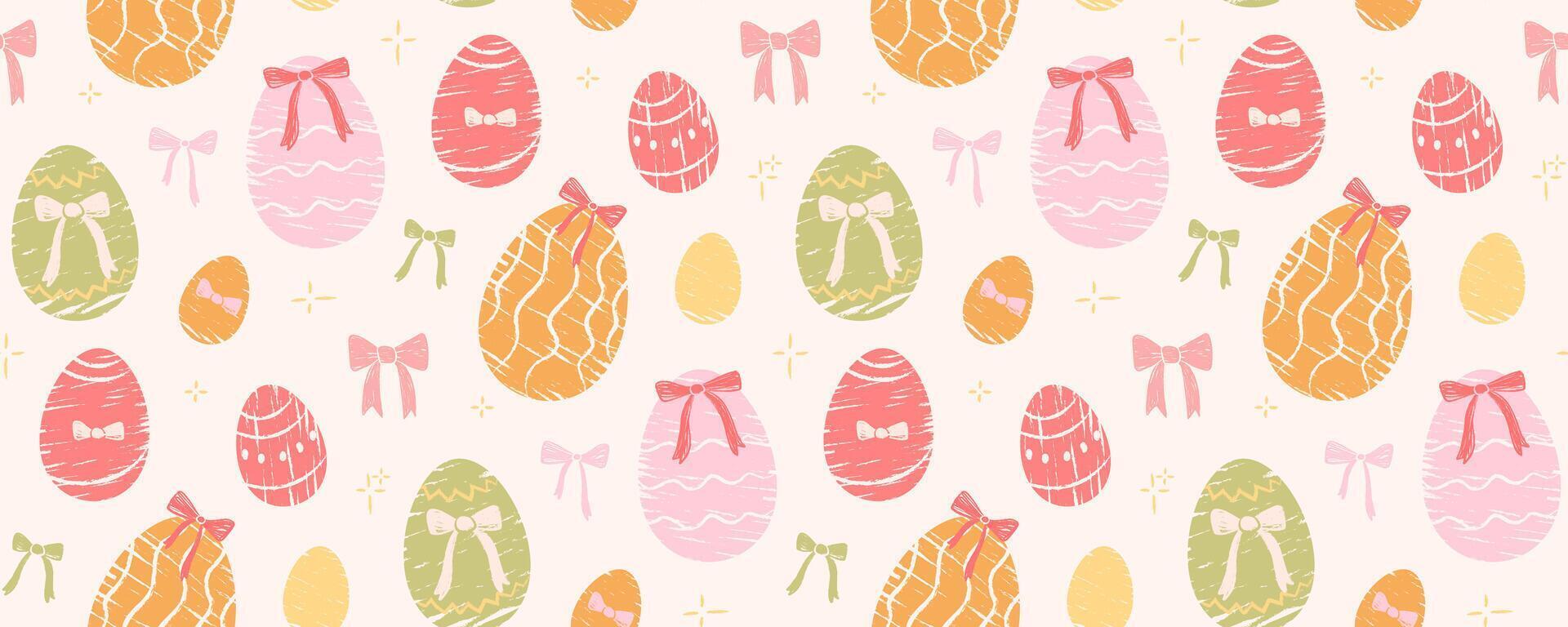 Seamless pattern with decorative Easter eggs with textured pastel pattern and ribbon bows. Hand drawn festive wallpaper in pink, orange and green shades. Cute design, background for holiday decoration vector