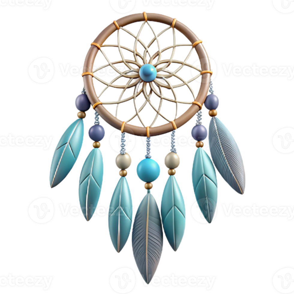extraordinary abstract 3D Dreamcatcher Illustration Teal Feathers Beads 4K png