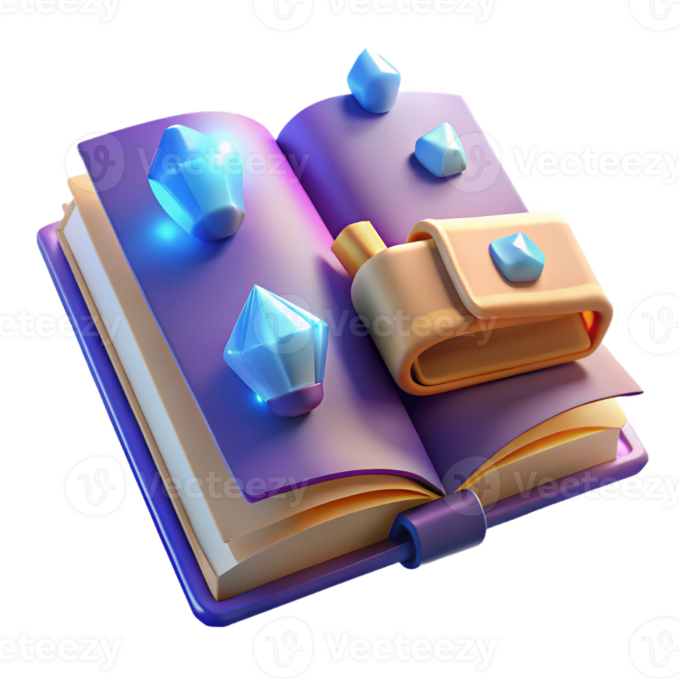 extraordinary abstract 3D Render of Open Book with Gems and Pouch high quality png