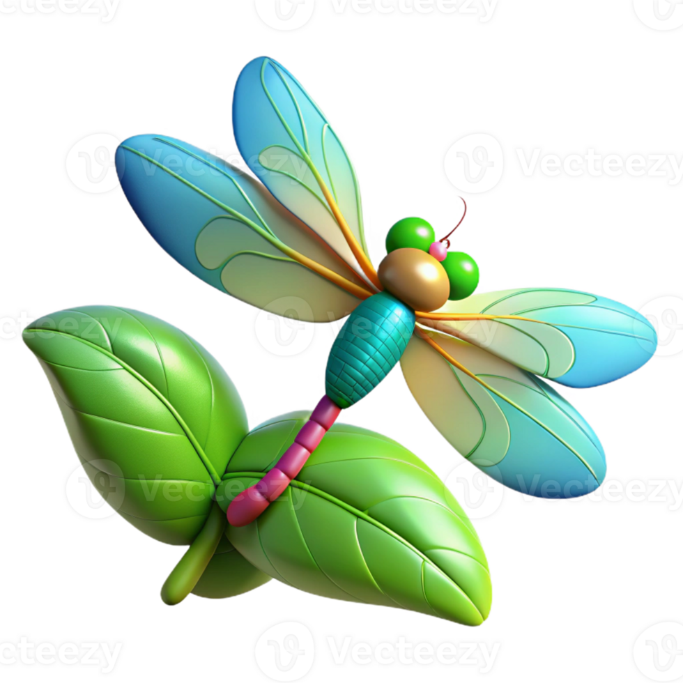 dramatic contemporary 3D Dragonfly Illustration on Leaves 4K png