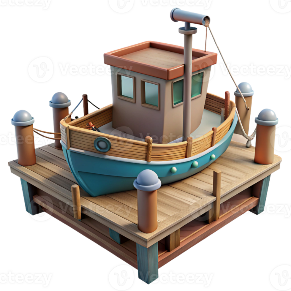 extraordinary rustic 3D Cartoon Boat on Wooden Dock detailed png