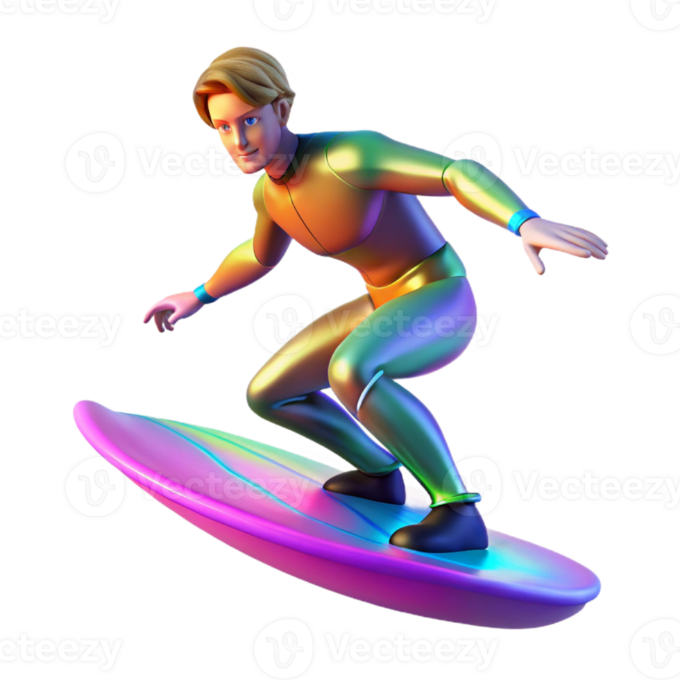 elegant classic 3D Illustration Surfer on Iridescent Board genuine png