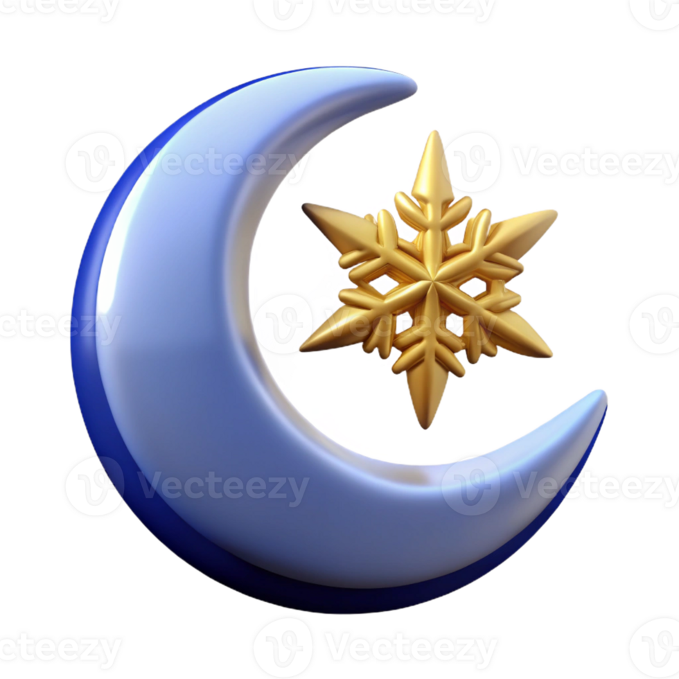 serene artistic 3D Render Crescent Moon and Snowflake high resolution png