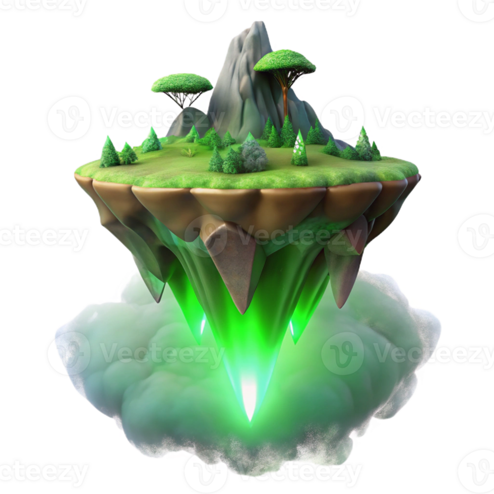 beautiful abstract 3D Fantasy Island Illustration Green Cloud Mountain detailed png