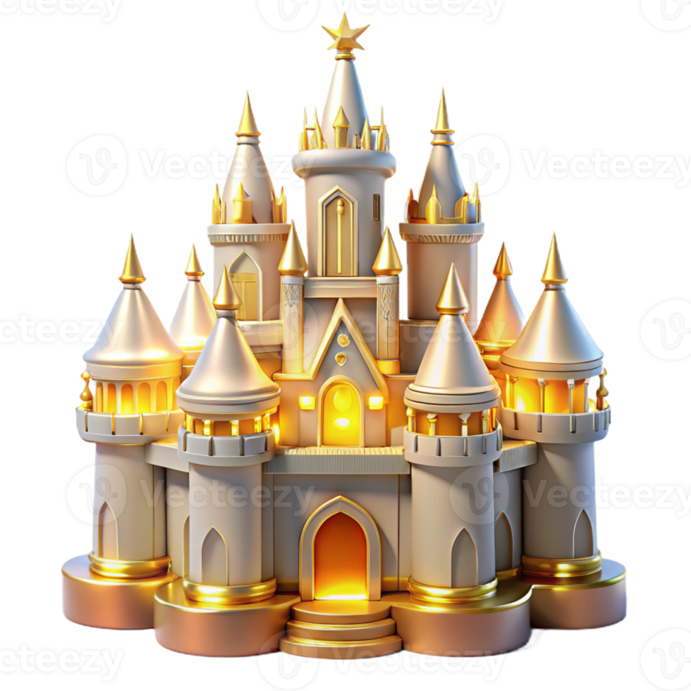 magnificent minimalist Golden Fairytale Castle 3D Illustration authentic png