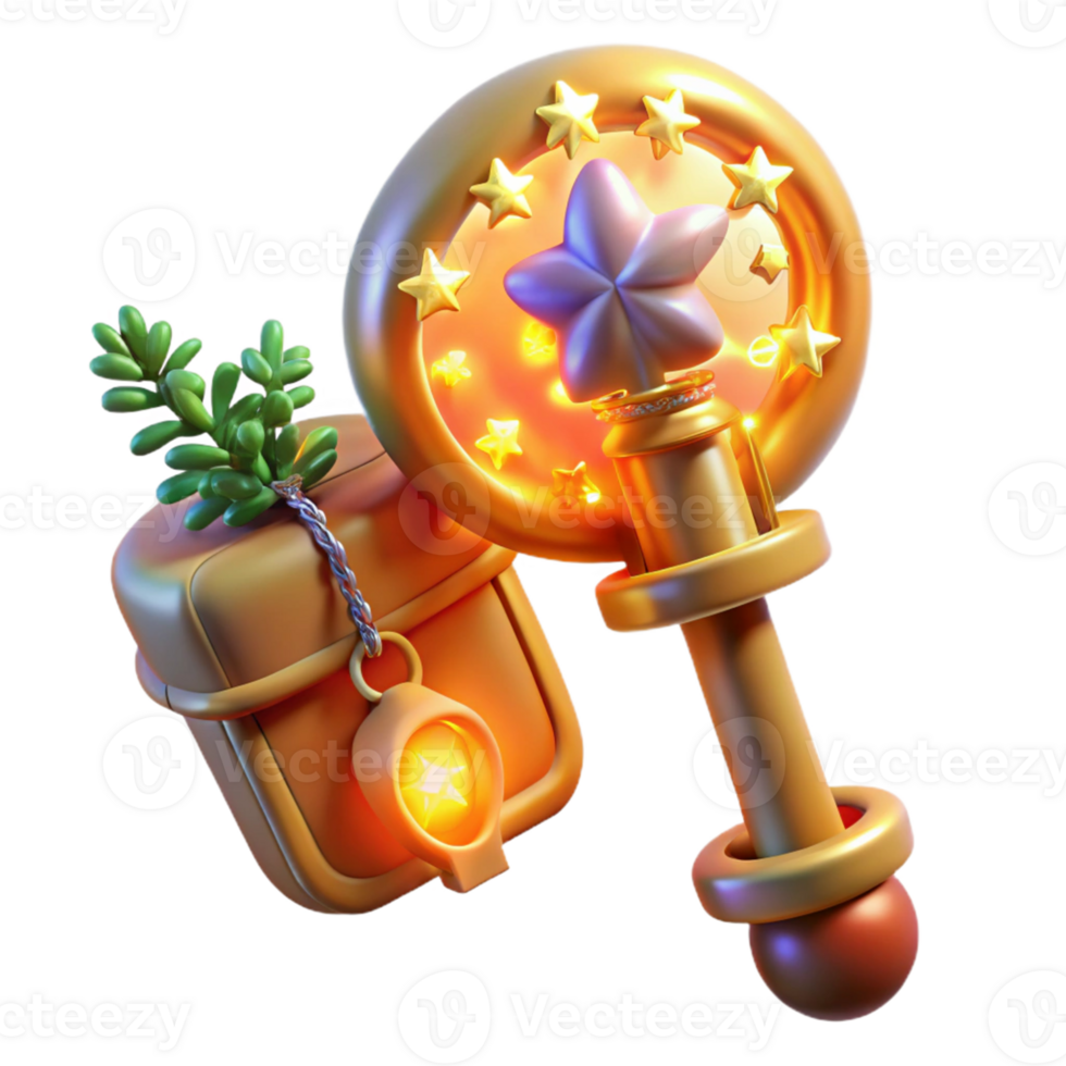 dramatic classic 3D Render Golden Celestial Wand and Chest 4K png
