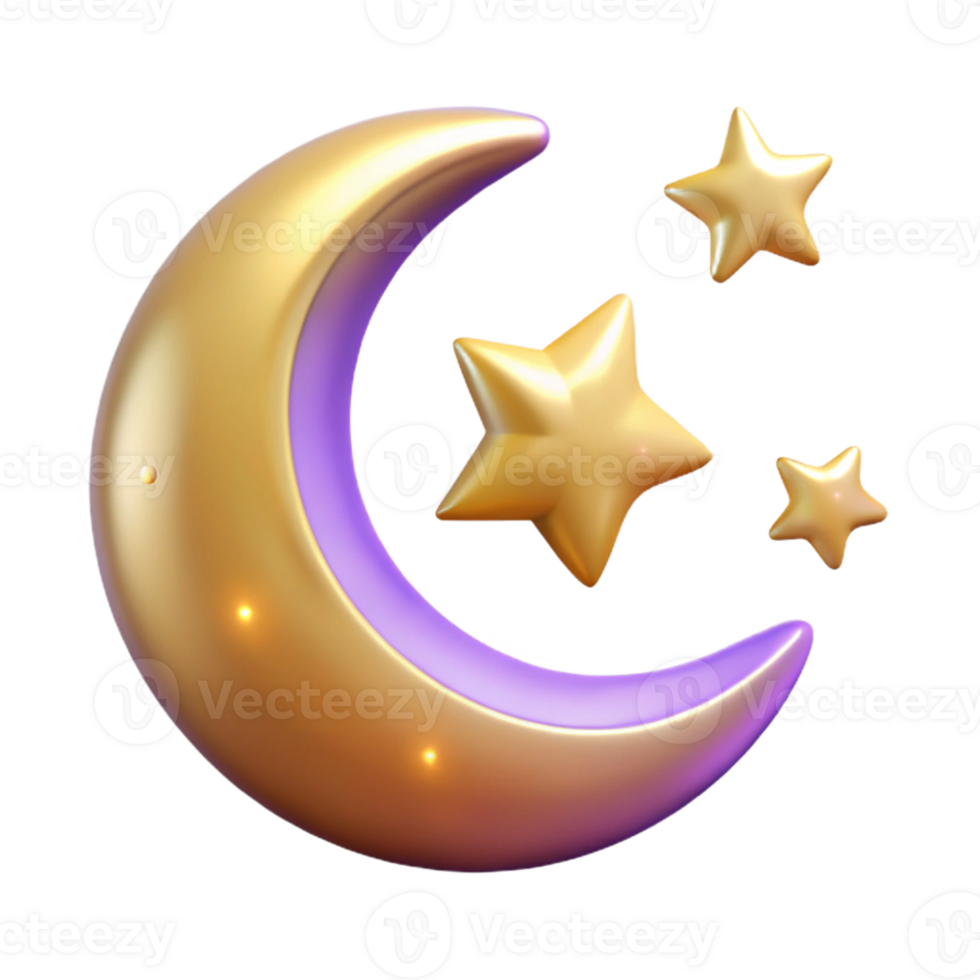 elegant vintage Golden Crescent Moon and Stars 3D Render premium png