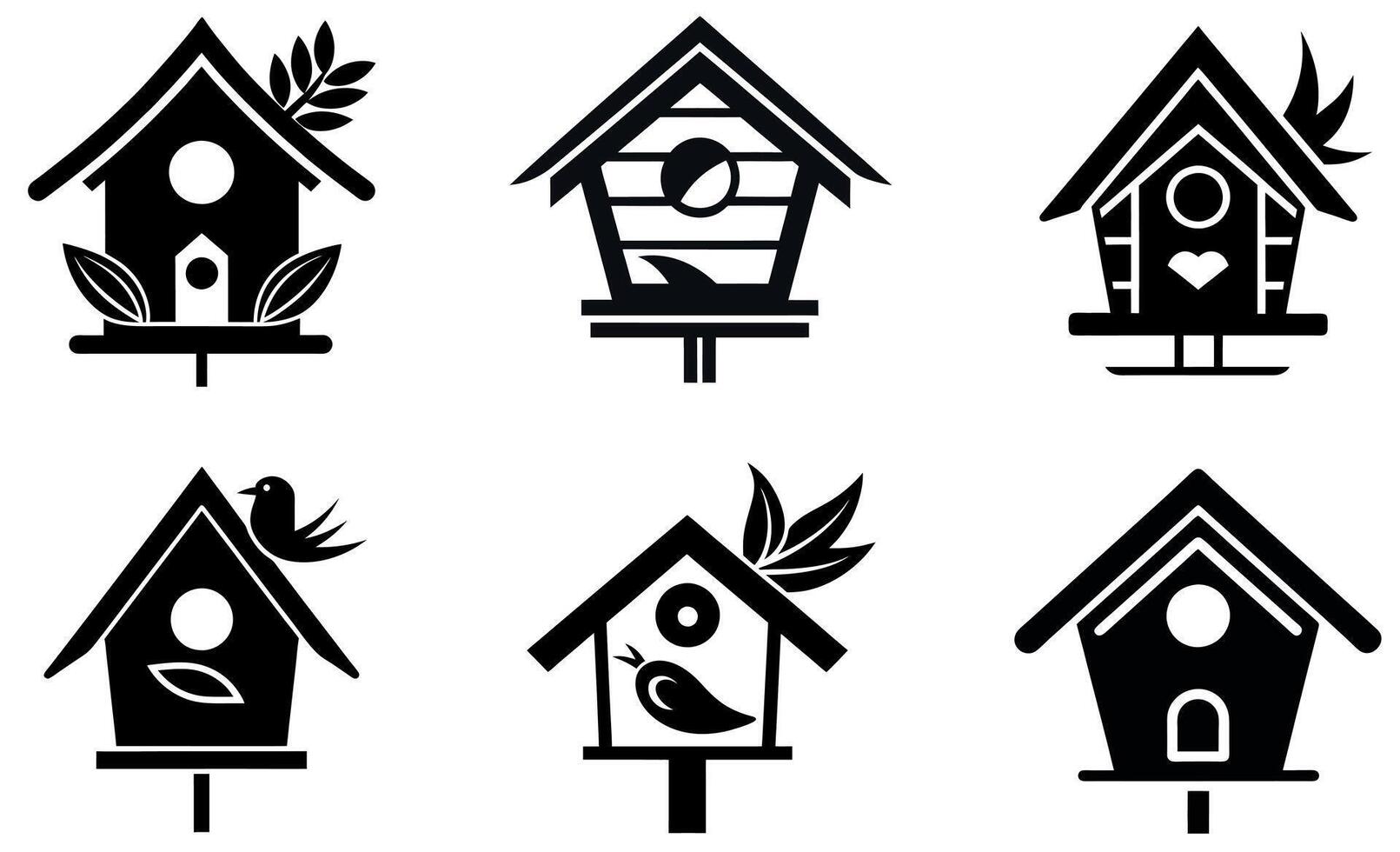This image features six simple, black and white silhouettes of birdhouses. vector