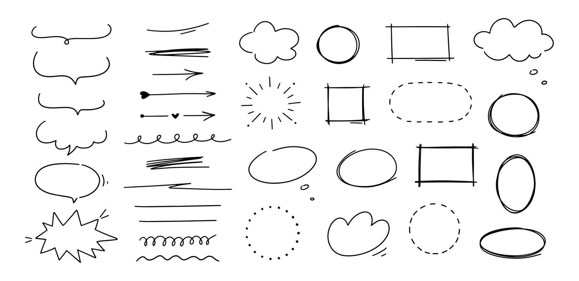 Hand drawn shapes, speech bubble, arrows and underlines. Doodle sketch line frames and elements. Scribble line strokes set. vector